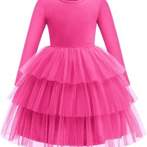 Toddler Tutu Dress Girls Long Sleeve Fall Winter Tiered Formal Party Tulle Dresses (Pink)