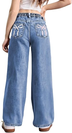 Girl's Bow Print Back Zipper Fly Elastic High Waist Denim Pants Basic Wide Leg Jeans (pant 2)
