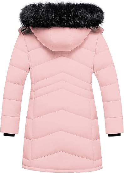 Winter Coats Kids Waterproof Long Puffer Jacket Thicken Fleece Lined Ski Parka with Detachable Fur Hooded (Pink) - Image 4
