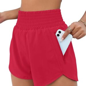 BMJL Women's Athletic Shorts High Waisted Running Short Pocket 2.5" Sporty Shorts Gym Elastic Workout Shorts(Red)