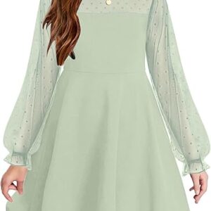 Girl's Contrast Mesh Puff Long Sleeve High Waist A Line Short Dress with Pockets(Light Green)
