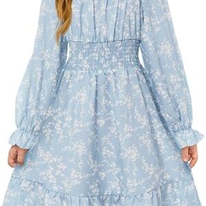 Girls Fall Long Sleeve Floral Dresses Kids Square Neck Smocked Holiday Party Dress(Light Blue)