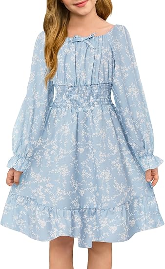 Girls Fall Long Sleeve Floral Dresses Kids Square Neck Smocked Holiday Party Dress(Light Blue)
