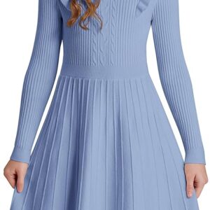 Girls Sweater Dress Fall Winter Long Sleeve Cable Knit Pullover Dresses(Light Blue)