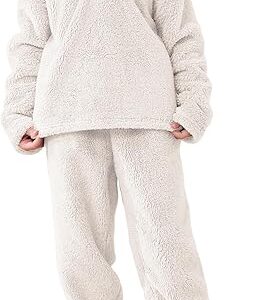 Girls Winter Pants Sets Fuzzy Warm Fleece 2 Piece Outfits Flannel Loose Pullover Sweatshirt Pants Sweatsuit(Beige)