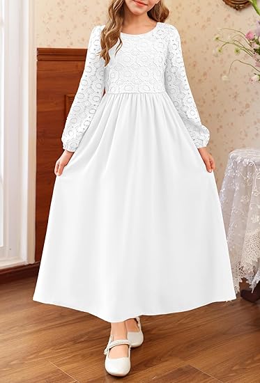 Girls Long Sleeve Maxi Dress Vintage Chiffon A-Line Formal Junior Bridesmaid Dresses for Fall Wedding Party(White) - Image 4