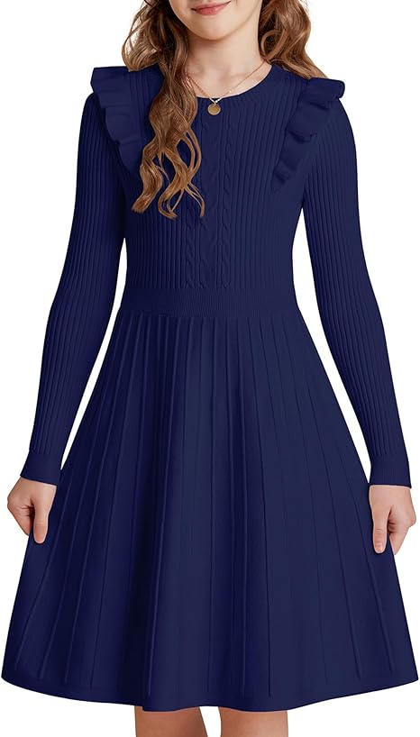 Girls Sweater Dress Fall Winter Long Sleeve Cable Knit Pullover Dresses(Deep Blue)