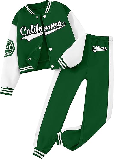Girls Outfits 2 Piece Activewear Long Sleeve Baseball Jacket and Sweatpants Set Tracksuit(green)