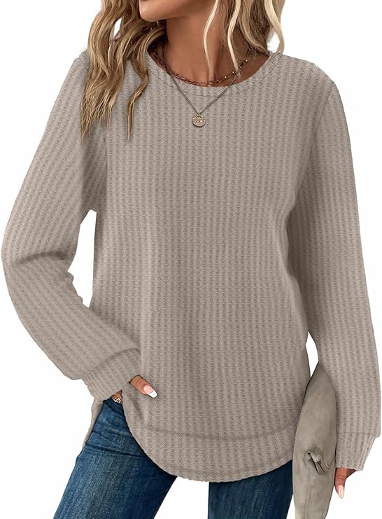 WIHOLL Tunic Tops for Women Loose Fit Dressy Waffle Knit Long Sleeve(Khaki) - Image 4