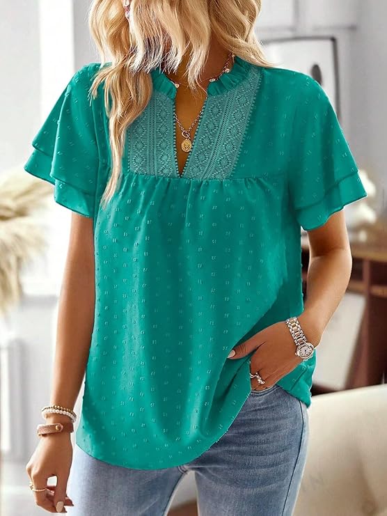 Womens Tops Butterfly Sleeve V Neck Blouses for Women(Turquoise) - Image 4