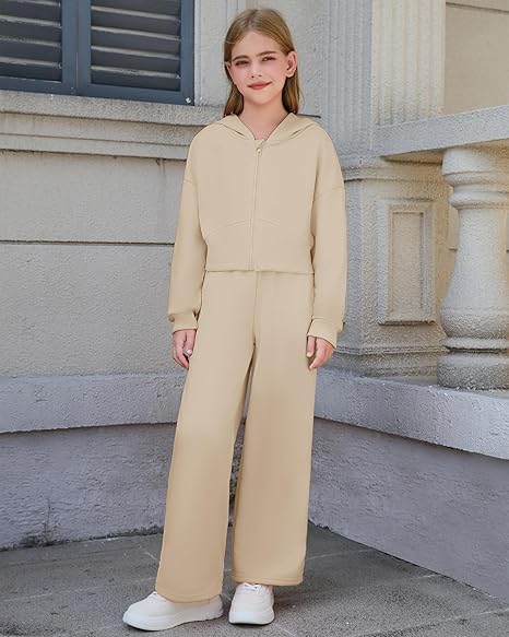 Girls 2 Piece Outfits Hoodie Zip Drop Shoulder Sweatshirt and Sweatpants Set with Pockets Sweatsuit Fall Clothes(Khaki) - Image 5