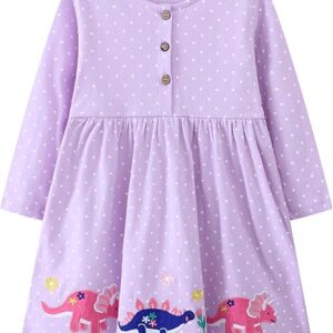 Girls Cotton Long Sleeve Dress Casual Cartoon Appliques Party Dresses(Lavender&dinosaurs)