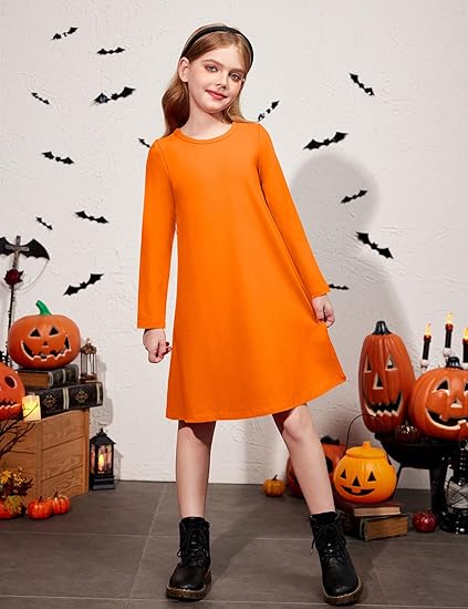 Girls Dress Kids Long Sleeve Solid Color Casual T-Shirt Dress(Orange) - Image 4