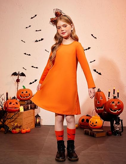 Girls Dress Kids Long Sleeve Solid Color Casual T-Shirt Dress(Orange) - Image 3