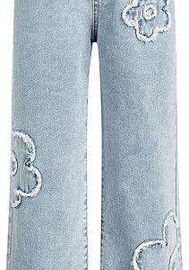 Girl's Bowknot Print Washed Jean Elastic Waist Denim Pants Straight Leg Trousers with Pockets (pant 5)