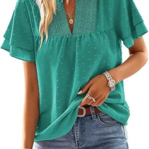 Womens Tops Butterfly Sleeve V Neck Blouses for Women(Turquoise)