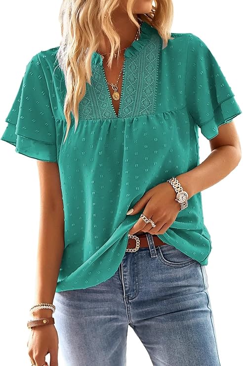 Womens Tops Butterfly Sleeve V Neck Blouses for Women(Turquoise)