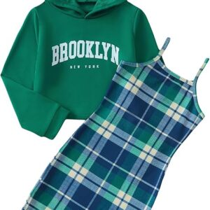 Girls 2 Piece Outfits Cami Dresses Hoodie Clothing Set Plaid Bodycon Dress Crop Top Sweatshirt Fall Winter Clothes(Green)