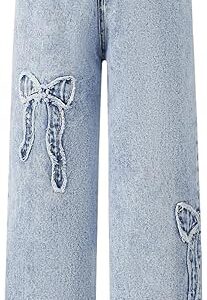 Girl's Bowknot Print Washed Jean Elastic Waist Denim Pants Straight Leg Trousers with Pockets