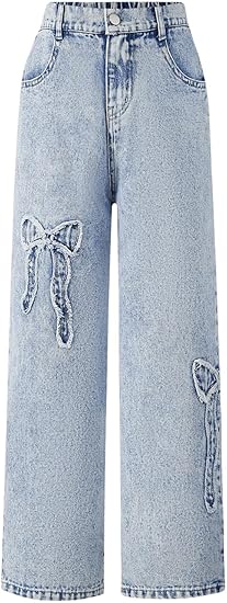 Girl's Bowknot Print Washed Jean Elastic Waist Denim Pants Straight Leg Trousers with Pockets