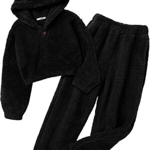 Girls 2 Piece Outfits Sweatsuit Fuzzy Long Sleeve Bear Ear Hoodie Sweatshirt and Sweatpant Kids Clothing Sets(Black)