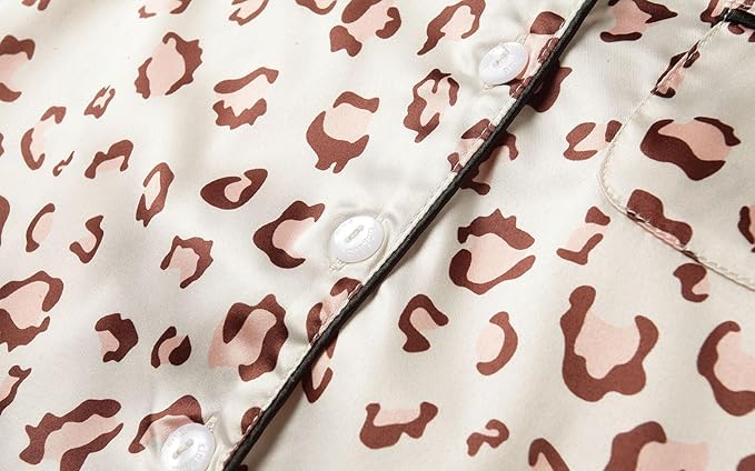 Mud Kingdom Little Girl Satin Silk Pajamas Set Short Sleeve Button Down 2 Piece Summer Loungewear(Apricoat leopard) - Image 5