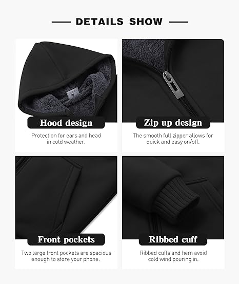 Kids Hoodie Fleece Jacket Warm Sherpa Lined Zip Up Hooded Sweatshirt Soft Winter Coat Boys Girls School Outerwear - Image 3