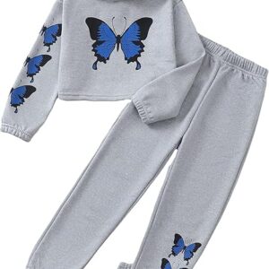 Girls' Clothing Set Butterfly Print Crop Top Hoodies Sweatpants(Grey)