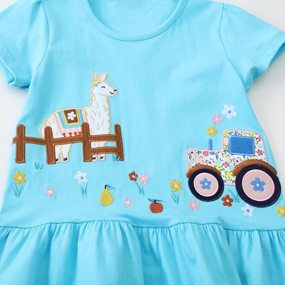 Toddler Girl Cotton Casual Dress Cartoon Appliques Short Sleeve Tunic Jersey Clothing(Alpaca&truck) - Image 4