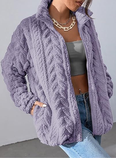 Winter Fleece Jacket for Women 2025 Zipper Stand Collar Casual Coats with Pockets (Orchid Pearl) - Image 4