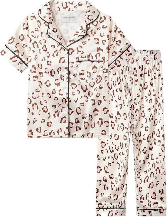 Mud Kingdom Little Girl Satin Silk Pajamas Set Short Sleeve Button Down 2 Piece Summer Loungewear(Apricoat leopard)