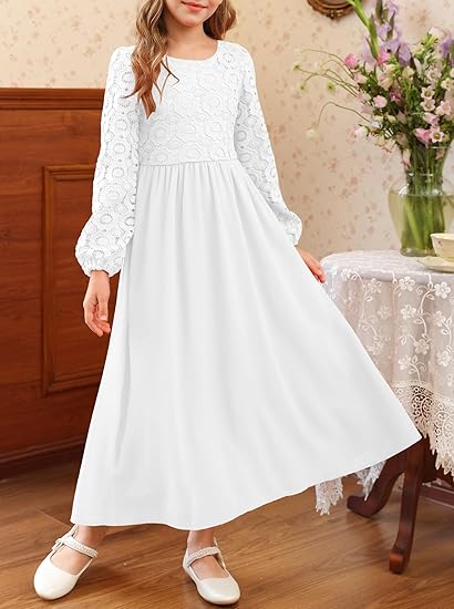 Girls Long Sleeve Maxi Dress Vintage Chiffon A-Line Formal Junior Bridesmaid Dresses for Fall Wedding Party(White)