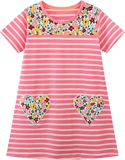 Toddler Girls Short Sleeve Dress Easter Cotton Casual Summer Appliques Shirt Jersey Dresses(pinklovestripe)