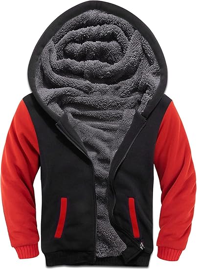 Kids Hoodie Fleece Jacket Warm Sherpa Lined Zip Up Hooded Sweatshirt Soft Winter Coat Boys Girls School Outerwear (Red)