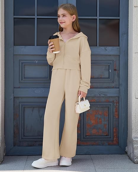 Girls 2 Piece Outfits Hoodie Zip Drop Shoulder Sweatshirt and Sweatpants Set with Pockets Sweatsuit Fall Clothes(Khaki) - Image 4