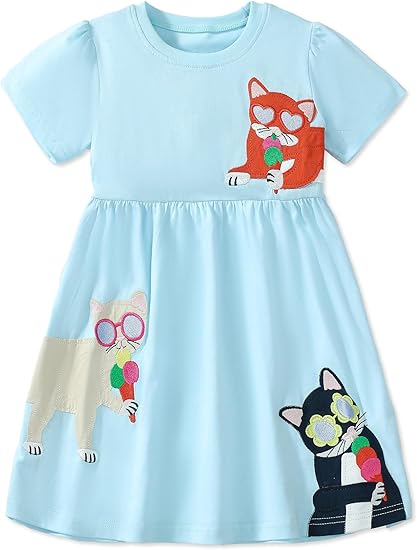 Girls' Cotton Short Sleeve Dresses Cute Stripe Cartoon Patterned Casual Sundress(Aqua Blue Cat)