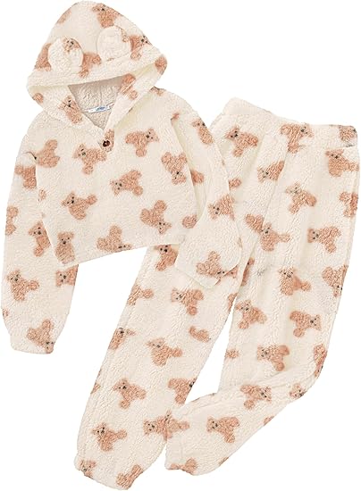 Girls 2 Piece Outfits Sweatsuit Fuzzy Long Sleeve Bear Ear Hoodie Sweatshirt and Sweatpant Kids Clothing Sets(Teddy) - Image 2