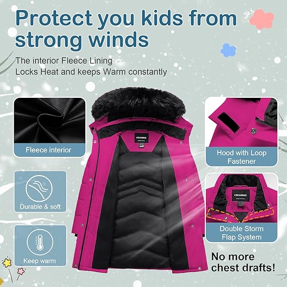 Winter Coats Kids Waterproof Long Puffer Jacket Thicken Fleece Lined Ski Parka with Detachable Fur Hooded (Pink) - Image 4