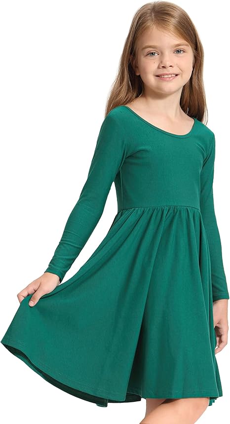 Long Sleeve Girls Dress Toddler White Dresses Skater Twirl Cotton A-Line Dress for School Casual(Green)