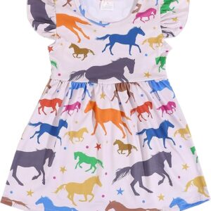 Girl Casual Dress Baseball Print Ruffle Bottom Casual Dress Summer Clothes (Horse)
