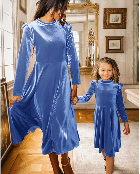 Girls Velvet Dress Ruffled Long Sleeve Casual Spring Fall Dress Princess Christmas Party Dress Winter Outfits (Light blue) - Image 4