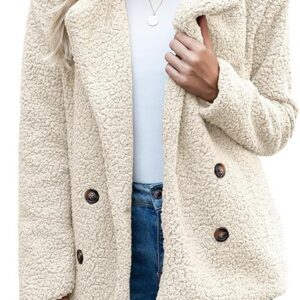 Winter Warm Plush Cardigan Fuzzy Fleece Lapel Jacket with Buttons Pockets Long Sleeve Casual Outerwear(