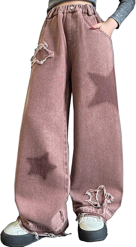 Kids Girls Jeans Distressed Elastic Waist Baggy Denim Wide Leg Pants Trousers (Pant 5)