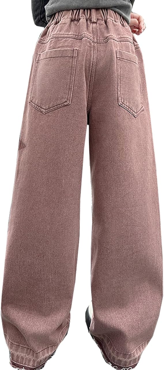 Kids Girls Jeans Distressed Elastic Waist Baggy Denim Wide Leg Pants Trousers (Pant 5) - Image 5