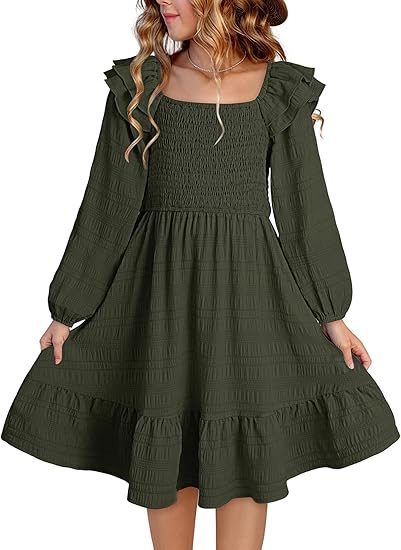 Dresses with Tiered Ruffle Long Sleeve and Side Pockets, Smocked Fall Spring Dress (green)