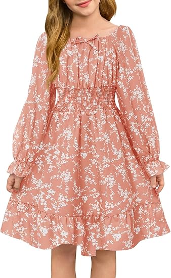 Girls Fall Long Sleeve Floral Dresses Kids Square Neck Smocked Holiday Party Dress(Coral Red)