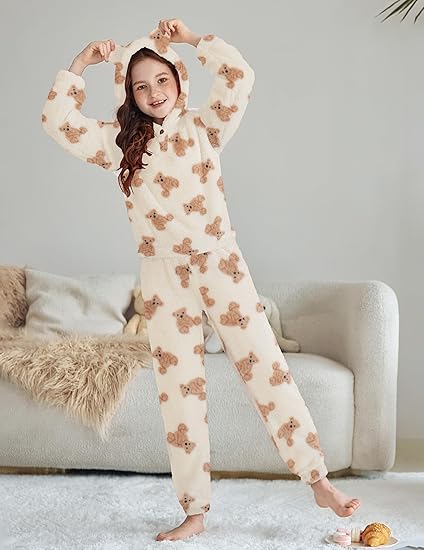 Girls 2 Piece Outfits Sweatsuit Fuzzy Long Sleeve Bear Ear Hoodie Sweatshirt and Sweatpant Kids Clothing Sets(Teddy) - Image 3