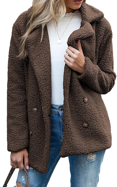 Winter Warm Plush Cardigan Fuzzy Fleece Lapel Jacket with Buttons Pockets Long Sleeve Casual Outerwear(Coffee)