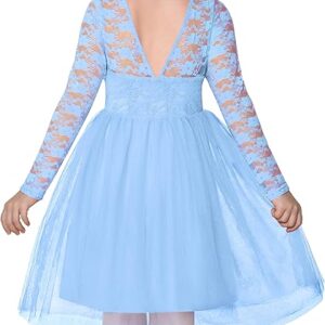 Girl Dress V Back Lace Long Sleeve Tulle Special Occasion Wedding Party Dresses(Light Blue)
