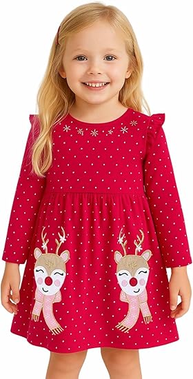 Toddler Girl Long Sleeve Dress Cotton Casual Jersey Shirt Playwear Applique Dress(redruffleelk) - Image 3